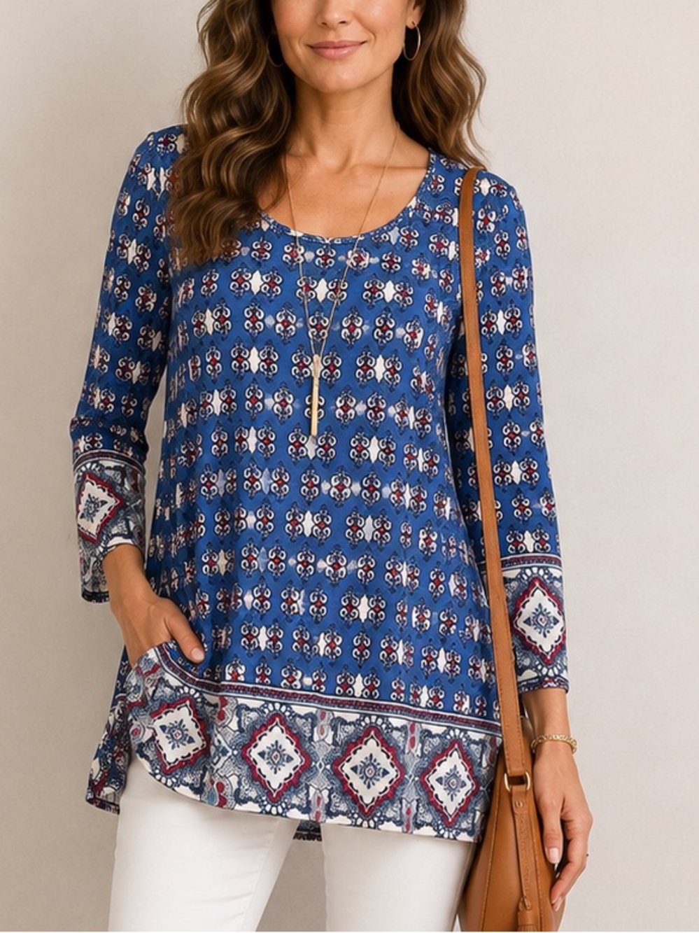 GG Collection Royal Blue Printed Long Sleeve Scoop Neck Tunic